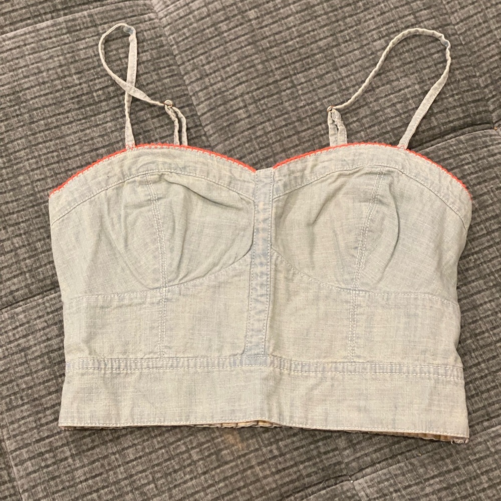 American Eagle Light Blue Crop Top with Coral Trim